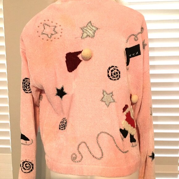 Baby Pink Boa Star & Santa Berek Christmas Sweater - Large Vintage Sw1 - Picture 4 of 5